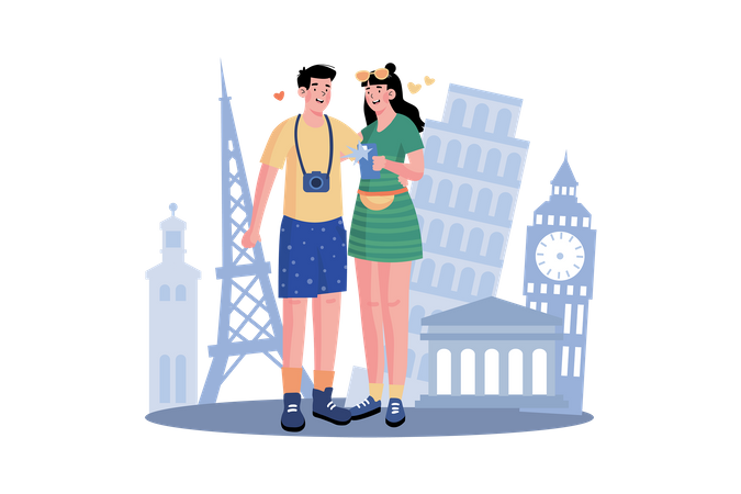 Couple takes photos at beautiful tourist spots  Illustration