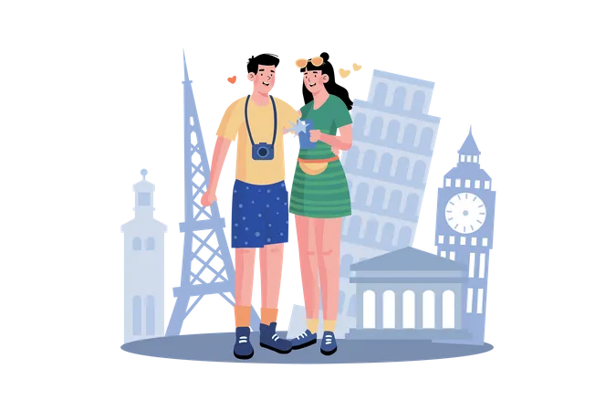 Couple takes photos at beautiful tourist spots  Illustration