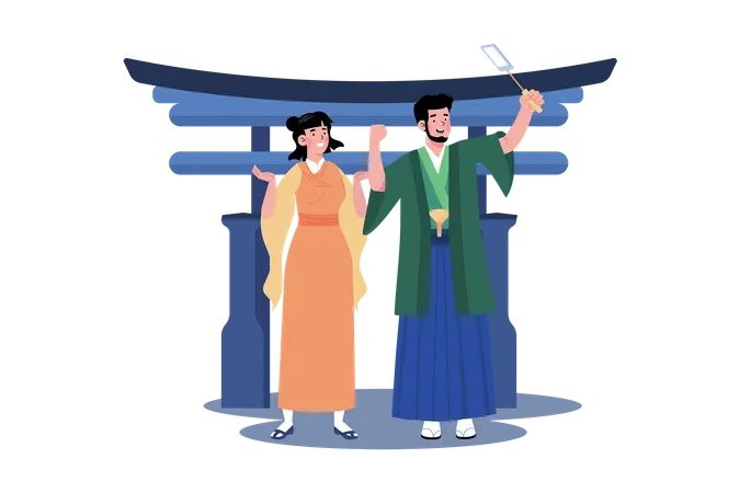 Couple takes photos with traditional costumes of the locality  Illustration