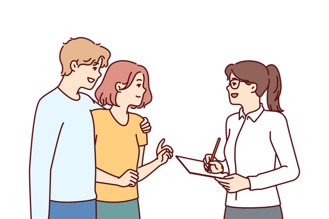 Couple takes social survey answering interviewer questions and evaluating quality of services  Illustration
