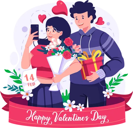 A Couple Take A Selfie A Man And Woman Taking Photo Together With Gifts And Flowers Selfie Lovers Valentines Day Concept Illustration Illustration