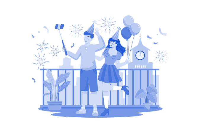 Couple Taking A Selfie To Celebrate New Year's Eve  Illustration