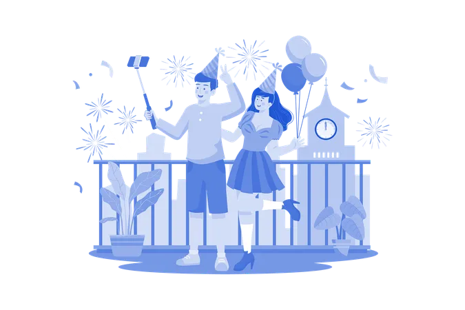 Couple Taking A Selfie To Celebrate New Years Eve Illustration