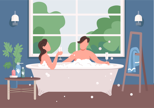 Couple taking bath Illustration