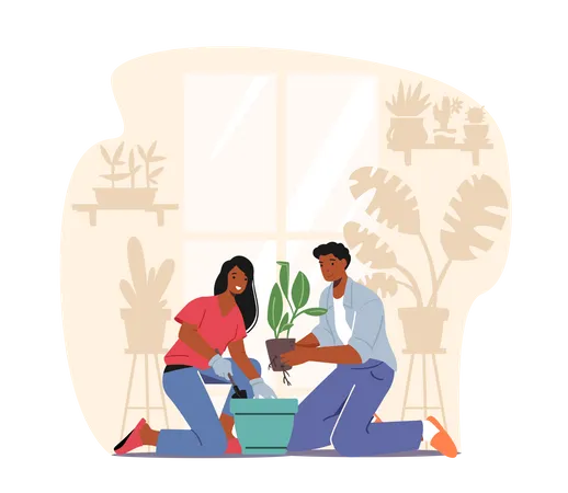 Couple Taking Care of Home Plants Illustration