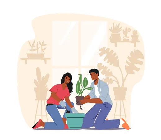 Couple Taking Care of Home Plants  Illustration