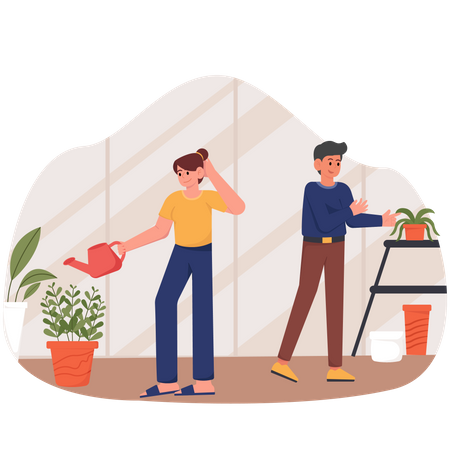 Couple taking care of indoor plants  Illustration