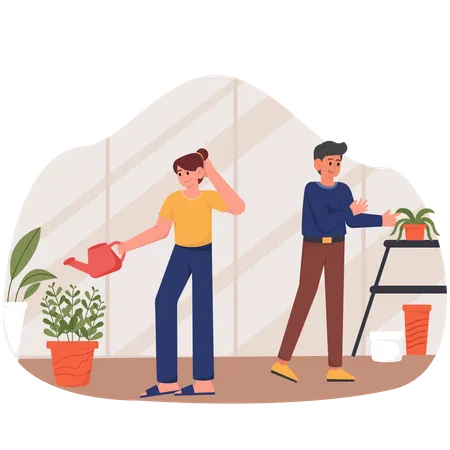 Couple taking care of indoor plants  Illustration