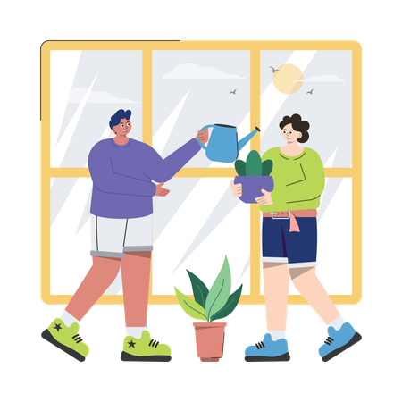 Couple Taking Care Of Plants  Illustration