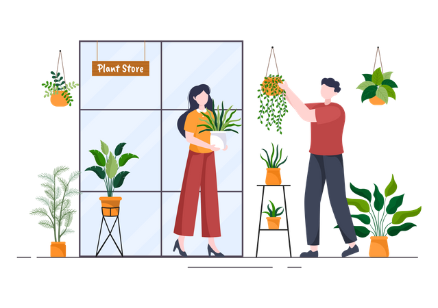 Couple taking care of Plants in Store Illustration