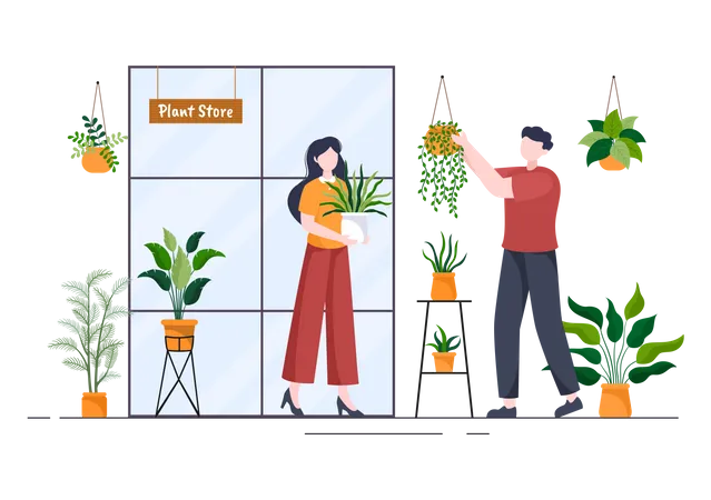 Couple taking care of Plants in Store  Illustration