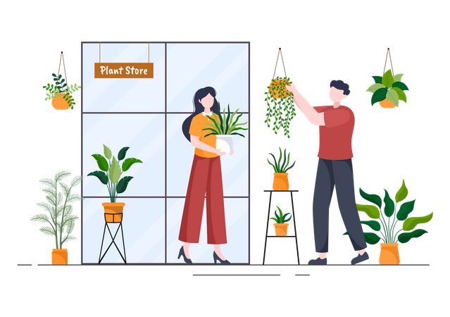 Couple taking care of Plants in Store  Illustration