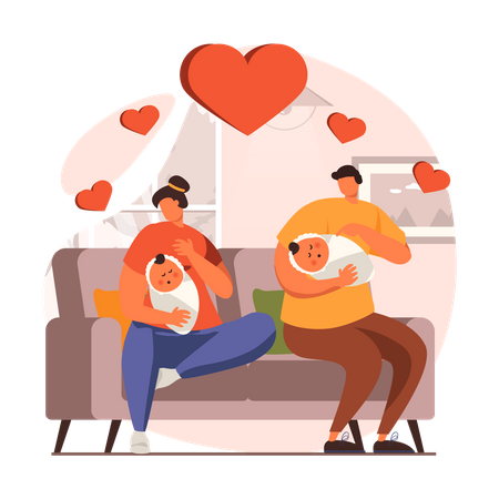 Couple taking care of their babies Illustration