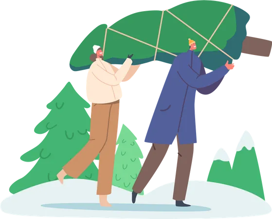 Happy Couple Man And Woman Carry Fir Tree People Christmas Rush New Year Holidays Preparation Characters In Winter Festive Mood Walking With Spruce On Shoulder Cartoon Vector Illustration Illustration