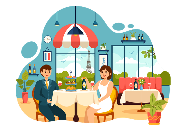 Couple taking dinner at French Food Restaurant  Illustration