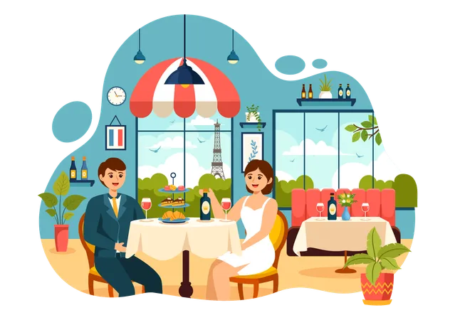 Couple taking dinner at French Food Restaurant  Illustration