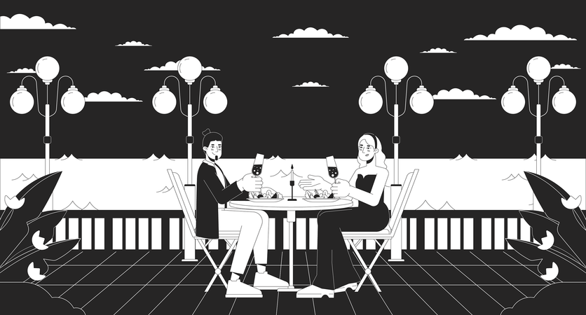 Couple taking dinner at  Romantic restaurant near seaside  イラスト