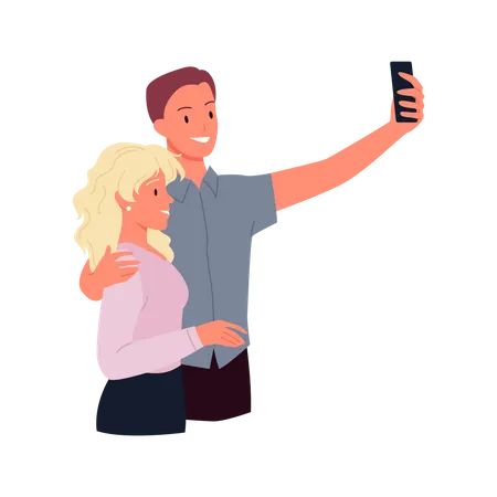 Couple taking photo on mobile  イラスト
