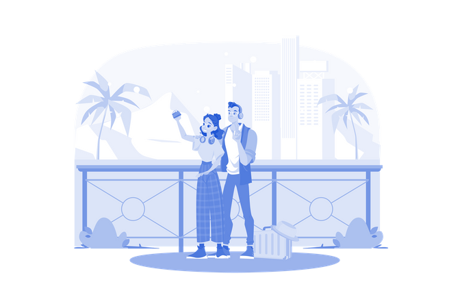 Couple taking photos at beautiful tourist spots  Illustration