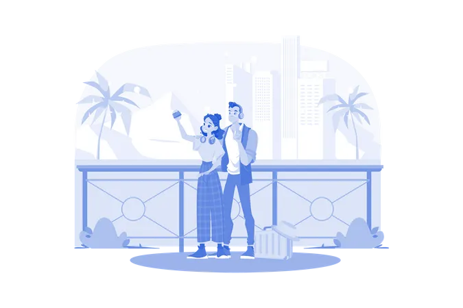 Couple taking photos at beautiful tourist spots  Illustration