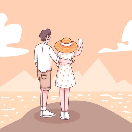 Abstract Young Couple Selfie Together At The Beach In Cartoon Character Flat Vector Illustration Illustration