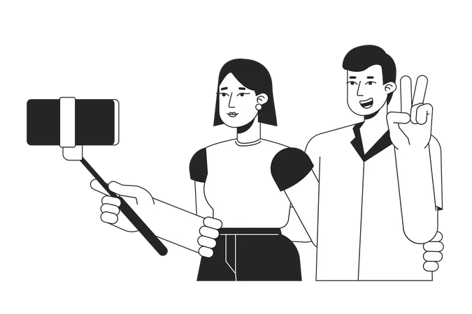 Couple Taking Selfie Bw Vector Spot Illustration Guy Showing Peace Sign On Camera 2 D Cartoon Flat Line Monochromatic Characters On White For Web UI Design Editable Isolated Outline Hero Image Illustration