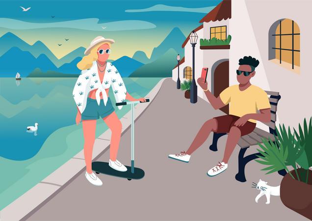 Couple taking selfie at waterfront area  Illustration