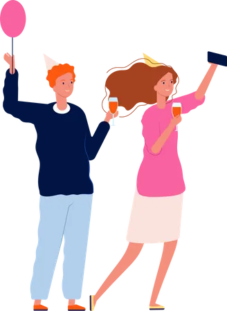 Couple taking selfie in party Illustration