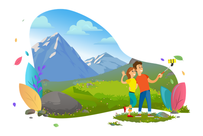 Couple taking selfie on adventure camp  Illustration