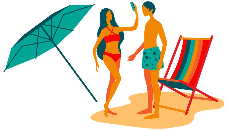 Couple taking selfie on beach Illustration