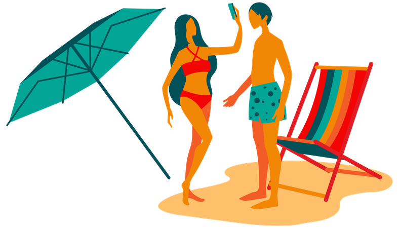 Couple taking selfie on beach  Illustration