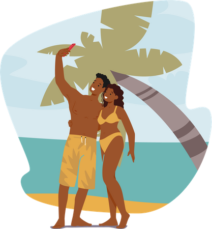 Couple taking selfie on the beach  Illustration