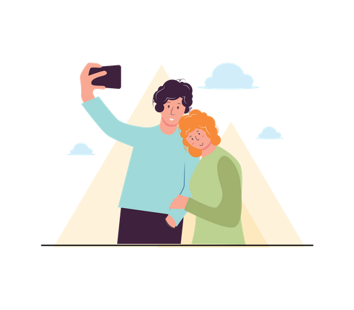 Couple taking selfie on trip Illustration
