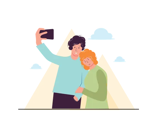 Couple taking selfie on trip  Illustration