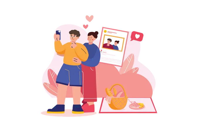 Couple taking selfie on Valentine’s Day  Illustration