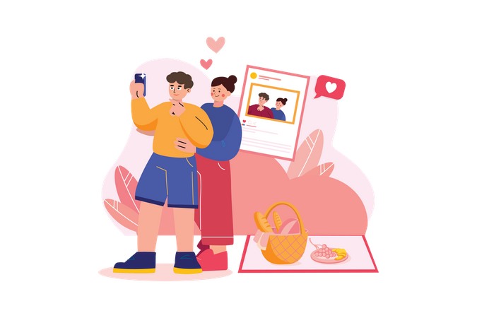 Couple taking selfie on Valentine’s Day  Illustration