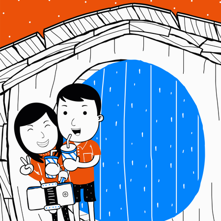 Couple taking selfie using selfie stick  Illustration