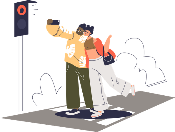 Couple taking selfie while standing on crosswalk  Illustration