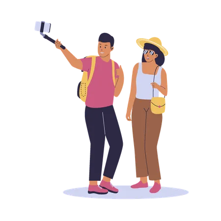 Couple taking selfie while traveling  Illustration