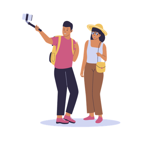 Couple taking selfie while traveling  イラスト
