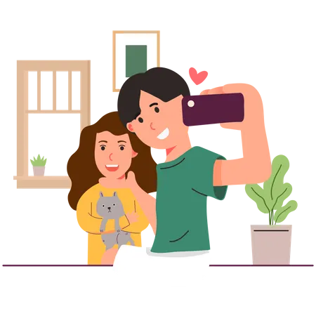 Couple taking selfie with cat Illustration