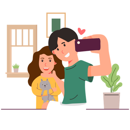 Couple taking selfie with cat  Illustration