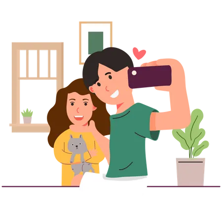 Couple taking selfie with cat  Illustration