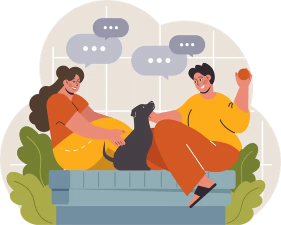 Couple talking and sitting on sofa with dog  Illustration