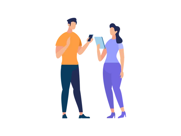 Couple talking holding mobile and tablet Illustration