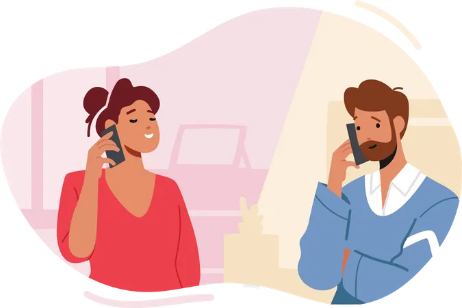 Male And Female Characters With Phones Smartphone Communication Concept Adult Man And Woman Holding Mobiles Chatting Talking With Positive Or Joyful Emotions Cartoon People Vector Illustration Illustration