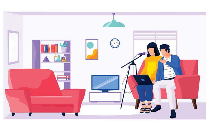 Couple talking over podcast Illustration