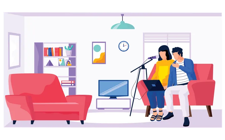 Couple talking over podcast Illustration