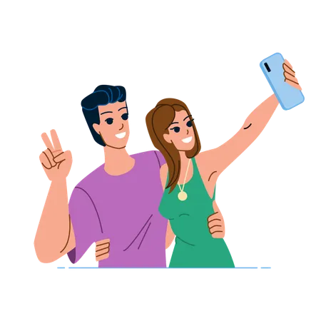 Couple Selfie Vector Happy Man Young Woman Love Fun Lifestyle Summer Portrait Girl Travel Vacation Couple Selfie Character People Flat Cartoon Illustration Illustration
