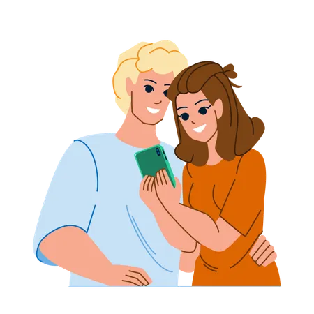 Couple Phone Vector Happy Man Woman Smartphone Young Mobile Technology Internet Cellphone App Couple Phone Character People Flat Cartoon Illustration Illustration
